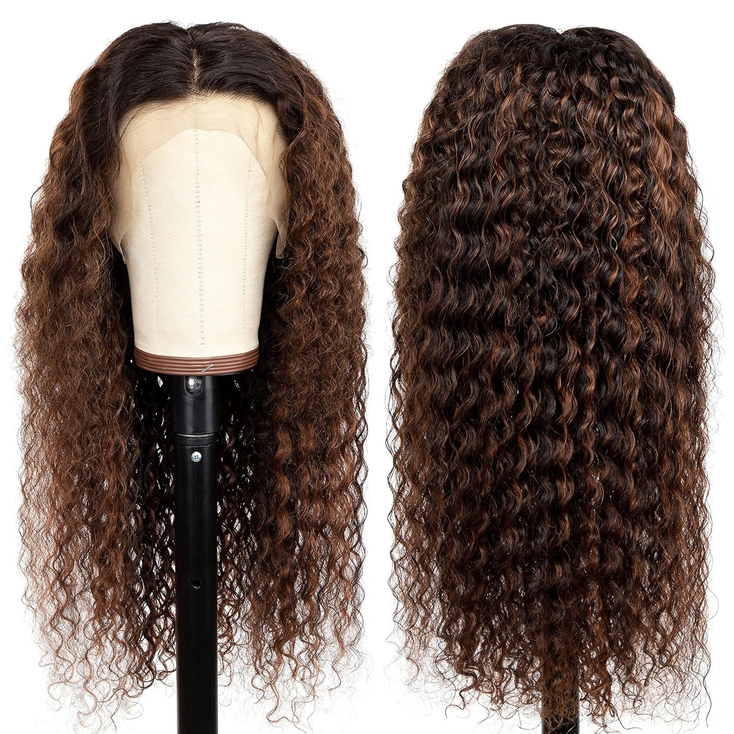 Deep Curly 13X4 Lace Front Human Hair Wig 18 Inch FB30 Highlight Lace Front Wigs Pre Plucked Human Hair Wigs with Baby Hair 180% Density Natural Hairline (18 Inch)