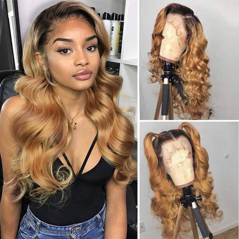 Ombre Honey Blonde Glueless 13X4 HD Lace Front Wigs 1B 27 Colored Body Wave Human Hair Wigs