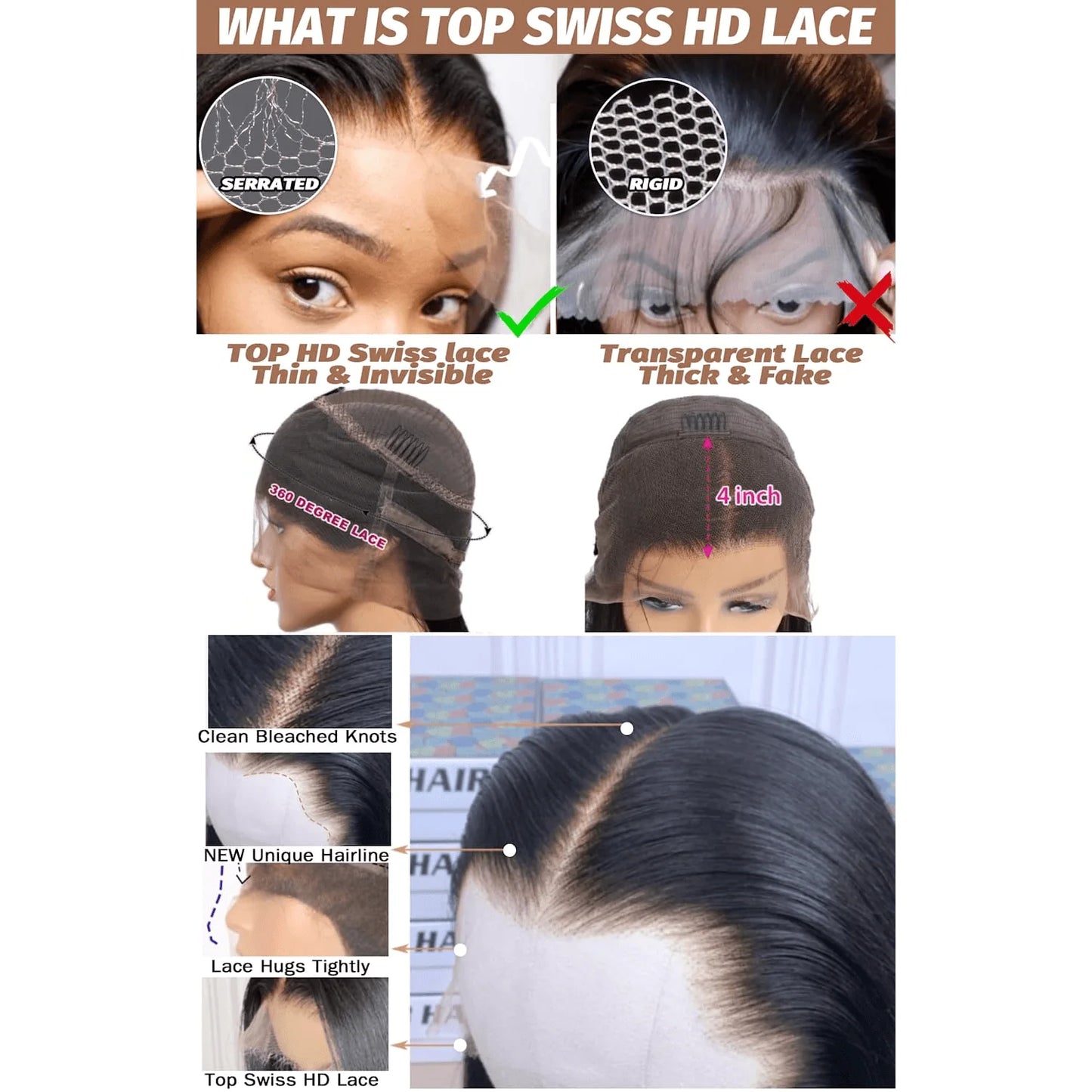 360 Top Swiss HD Lace Front Human Hair High Thickness Body Wave Wig