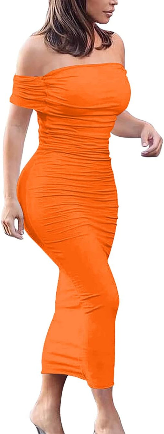 Women'S Elegant Strapless off Shoulder Bodycon Midi Cocktail Party Dress