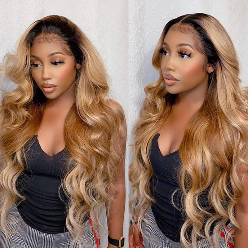 Ombre Honey Blonde Glueless 13X4 HD Lace Front Wigs 1B 27 Colored Body Wave Human Hair Wigs
