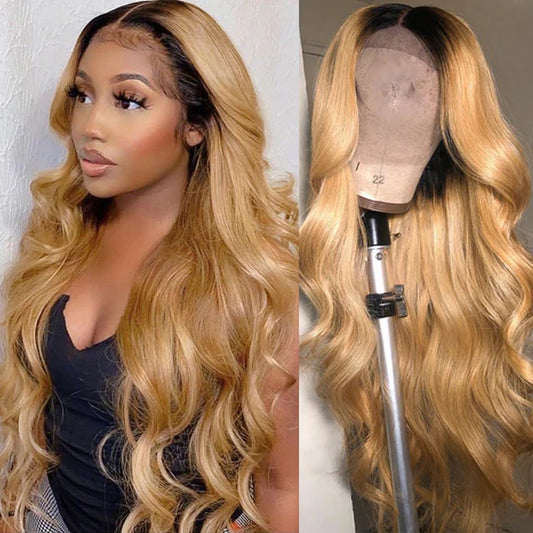 Ombre Honey Blonde Glueless 13X4 HD Lace Front Wigs 1B 27 Colored Body Wave Human Hair Wigs