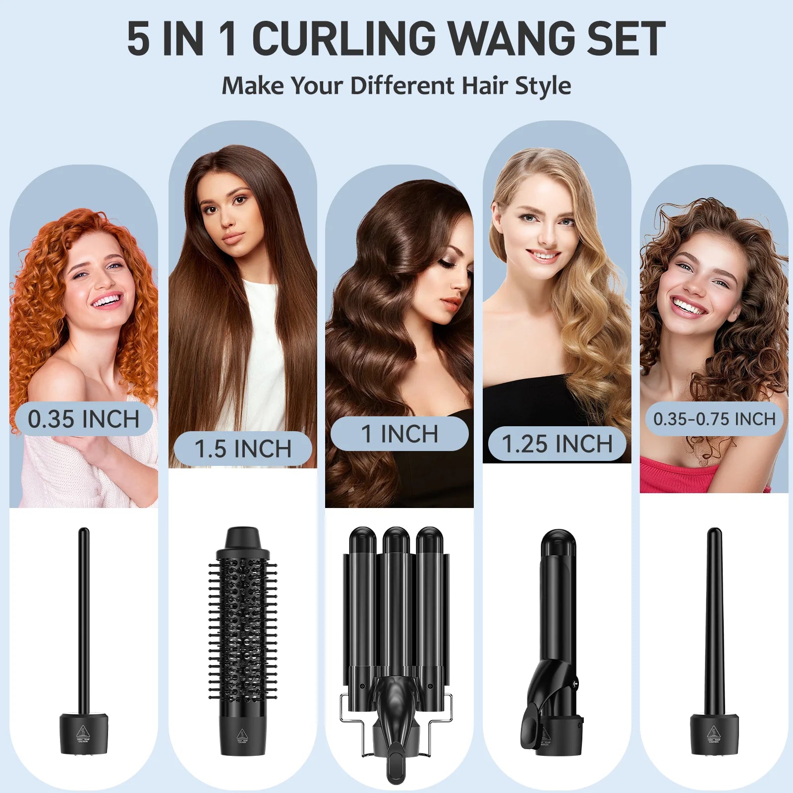 5-In-1 Curling Iron Set, Hair Waver, Curling Irons for Hair, Curling Wand Set, Hair Crimper Hair Curler, Hair Tool Kit with Thermal Brush, Gift for Women, Black
