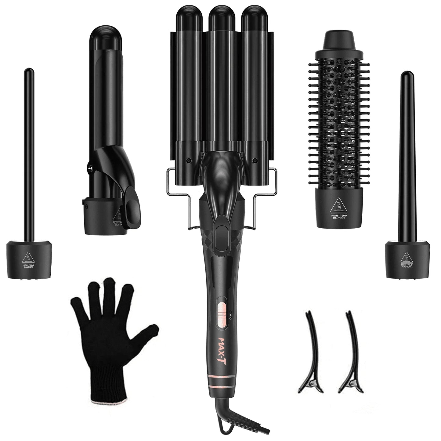5-In-1 Curling Iron Set, Hair Waver, Curling Irons for Hair, Curling Wand Set, Hair Crimper Hair Curler, Hair Tool Kit with Thermal Brush, Gift for Women, Black
