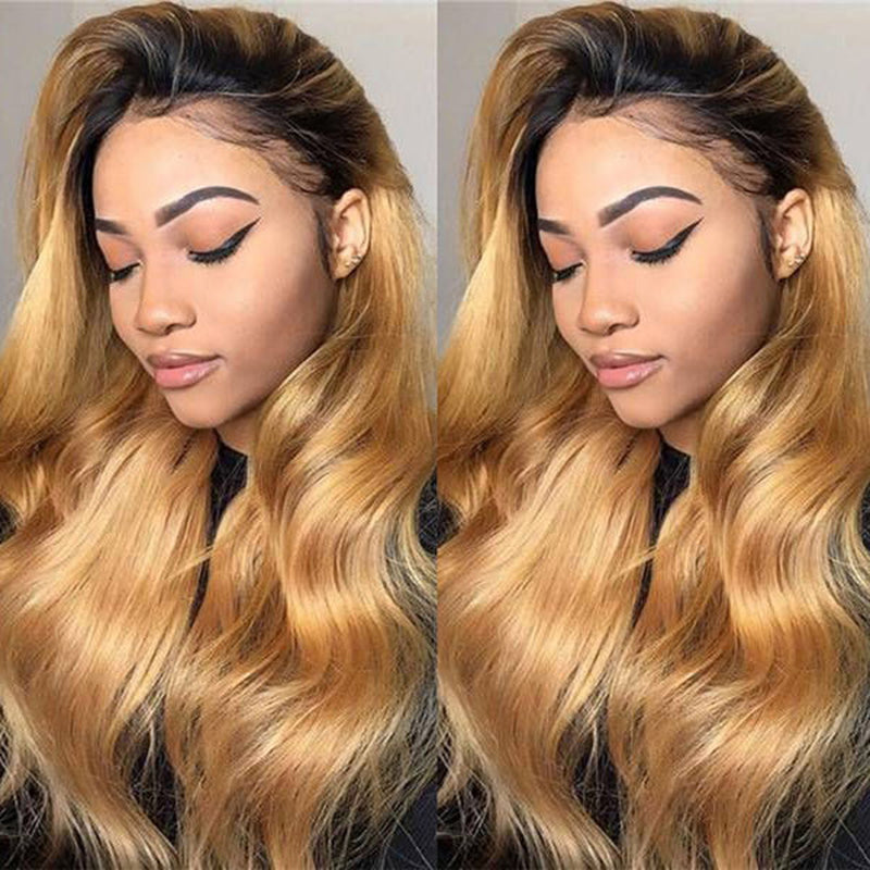 Ombre Honey Blonde Glueless 13X4 HD Lace Front Wigs 1B 27 Colored Body Wave Human Hair Wigs