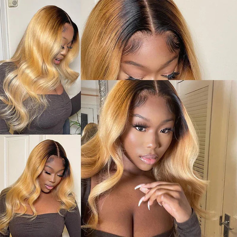 Ombre Honey Blonde Glueless 13X4 HD Lace Front Wigs 1B 27 Colored Body Wave Human Hair Wigs