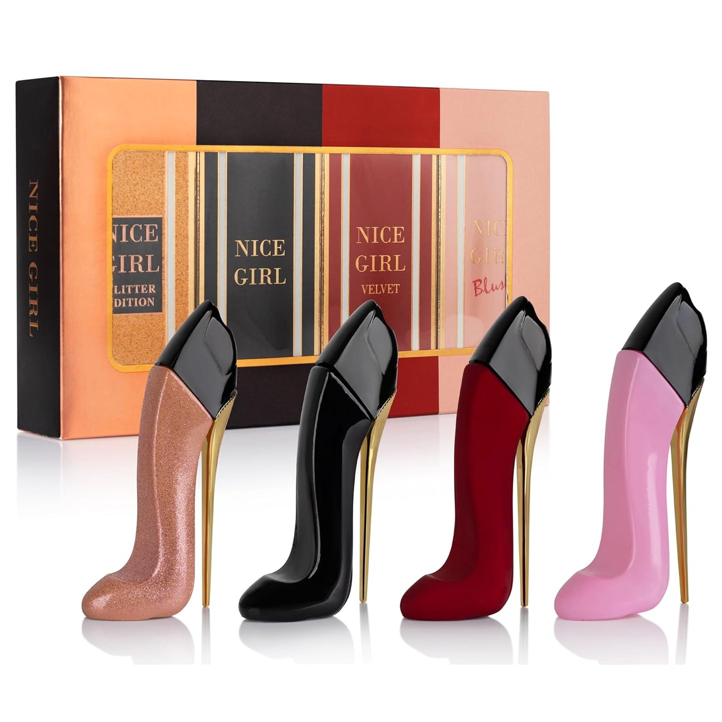 Nice Girl 4 PC Mini Perfume Gift Set for Women, Sweet Vanilla Floral Fragrance, Tuberose, Rose, Amber, Cacao, Powdery Almond, Travel Size 30Ml Eau De Parfum, Classic, Velvet, Glitter, & Blush