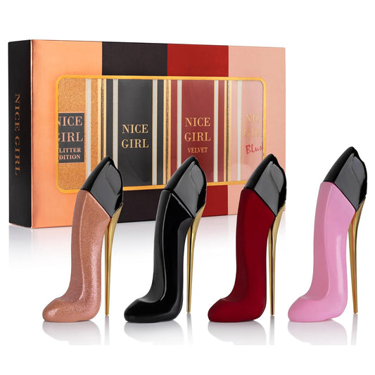 Nice Girl 4 PC Mini Perfume Gift Set for Women, Sweet Vanilla Floral Fragrance, Tuberose, Rose, Amber, Cacao, Powdery Almond, Travel Size 30Ml Eau De Parfum, Classic, Velvet, Glitter, & Blush