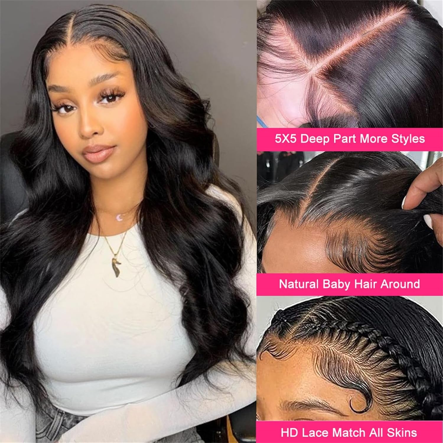 22 Inch Black Wavy Human Hair Wig - Wear and Go Glueless Wig with 5X5 HD Lace Closure - Pre Plucked, Pre Cut Body Wave - Wigs for Black Women