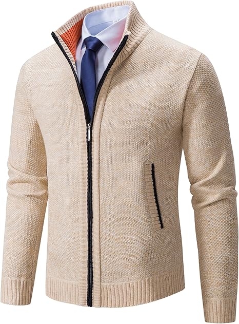 Men'S Cardigan Sweaters Full Zip up Stand Collar Slim Fit Casual Knitted Sweater with 2 Front Pockets
