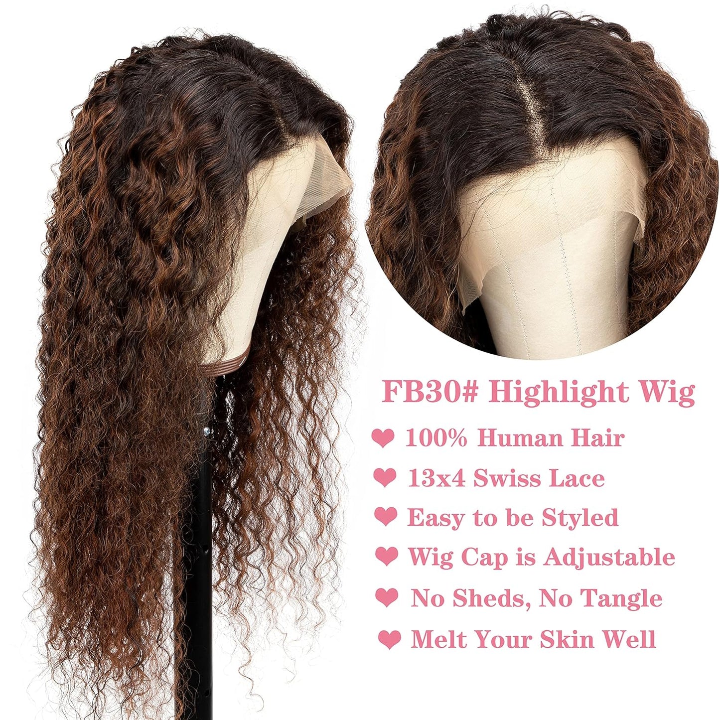 Deep Curly 13X4 Lace Front Human Hair Wig 18 Inch FB30 Highlight Lace Front Wigs Pre Plucked Human Hair Wigs with Baby Hair 180% Density Natural Hairline (18 Inch)