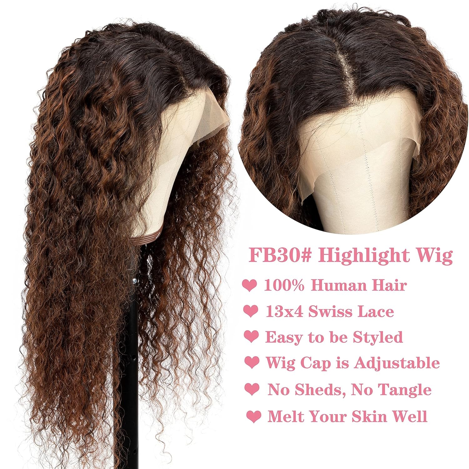 Deep Curly 13X4 Lace Front Human Hair Wig 18 Inch FB30 Highlight Lace Front Wigs Pre Plucked Human Hair Wigs with Baby Hair 180% Density Natural Hairline (18 Inch)