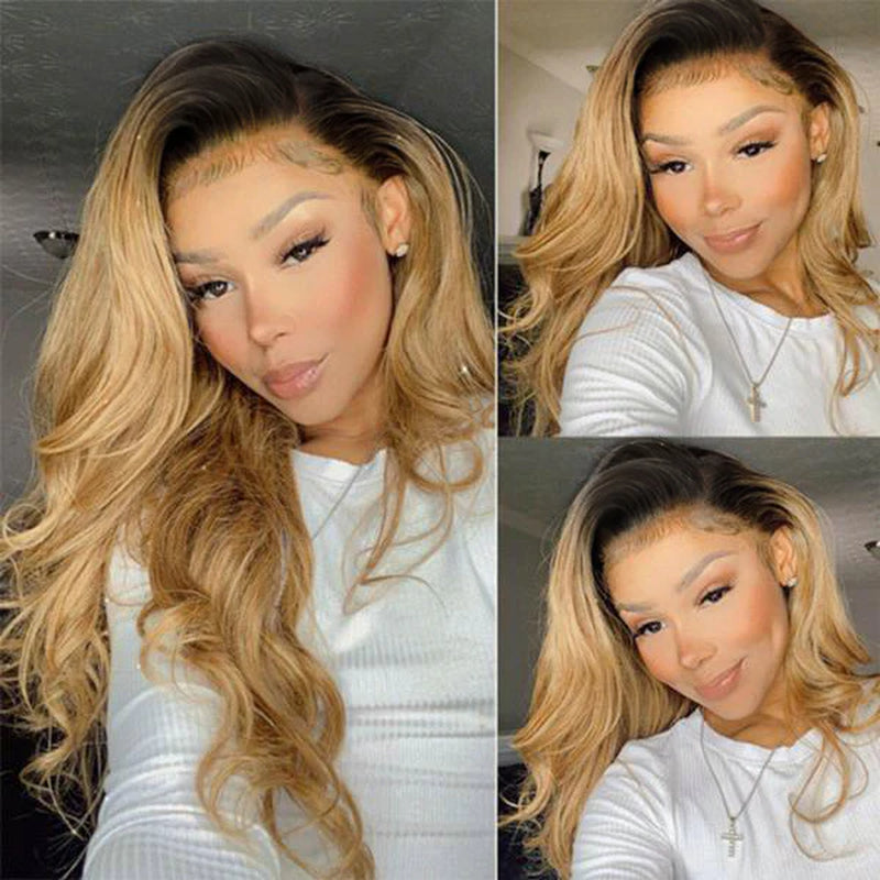 Ombre Honey Blonde Glueless 13X4 HD Lace Front Wigs 1B 27 Colored Body Wave Human Hair Wigs