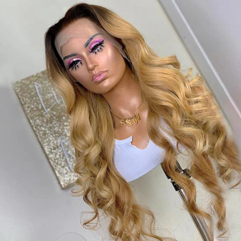 Ombre Honey Blonde Glueless 13X4 HD Lace Front Wigs 1B 27 Colored Body Wave Human Hair Wigs