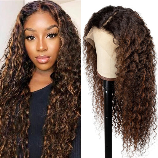 Deep Curly 13X4 Lace Front Human Hair Wig 18 Inch FB30 Highlight Lace Front Wigs Pre Plucked Human Hair Wigs with Baby Hair 180% Density Natural Hairline (18 Inch)