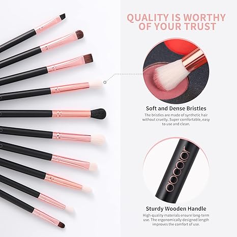 10Pcs Eyeshadow Brush Set, Professional Eye Makeup Brushes Kit with Eyeshadow Eyebrow & Eyeliner Brush, Soft Blending Brush for Travel, DIY Eye Art Tool (Black Rose Gold Wooden Handle)